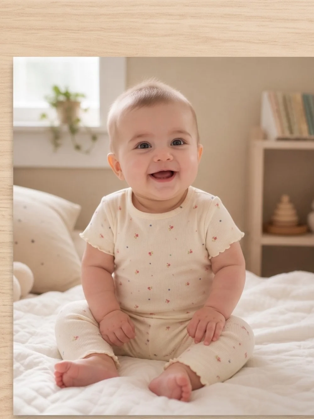 Cream Floral Short Sleeve Ribbed Pajama Set for Kids